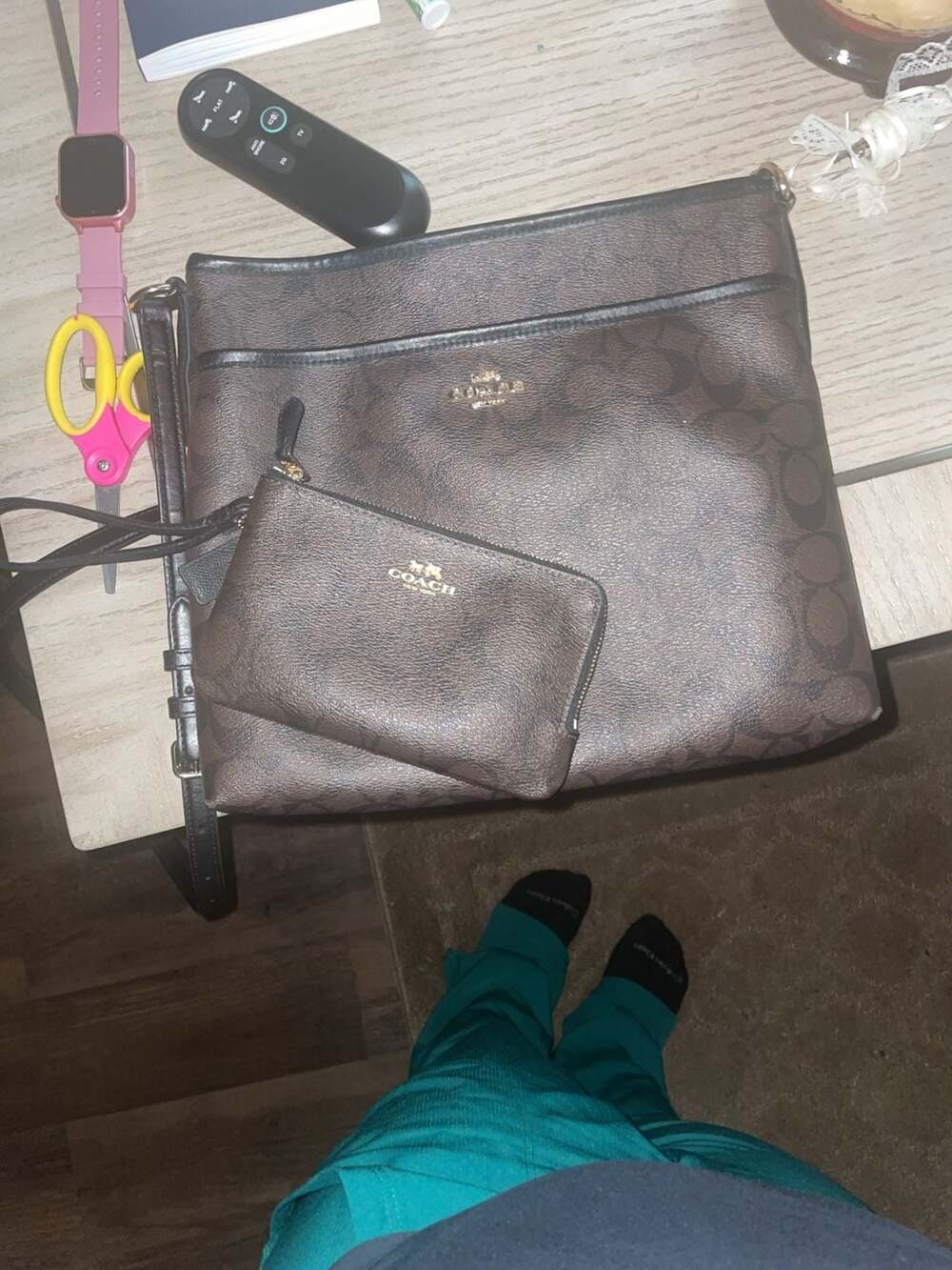 Coach Signature Brown Coated Canvas Crossbody Bag with Matching Wristlet